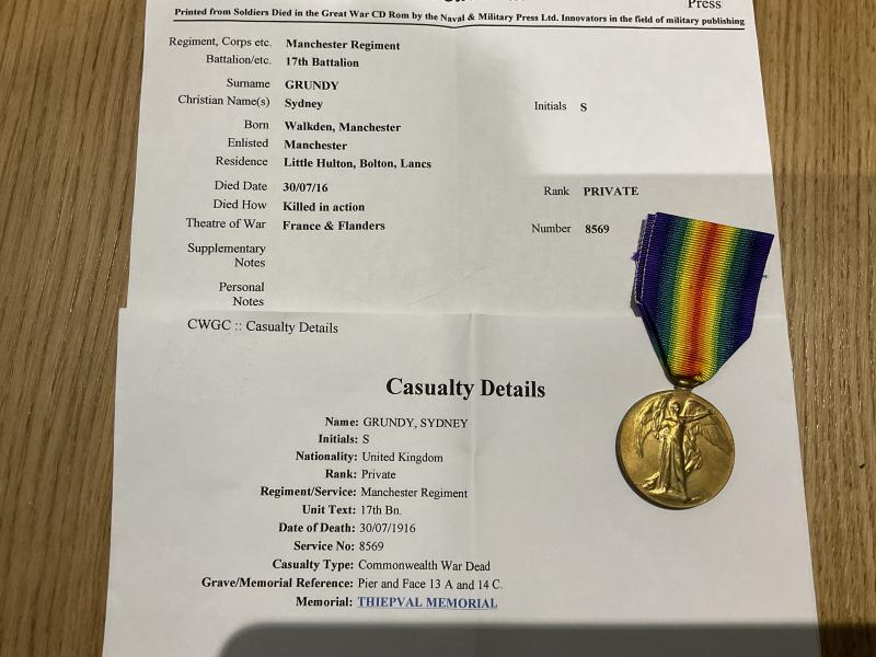 K.I.A Victory medal , 8569 Pte Grundy 17th Manch Reg