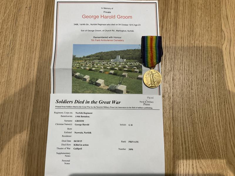 Victory medal; K.I.A Gallipoli Pte GROOM 1/4th Bn Norfolks
