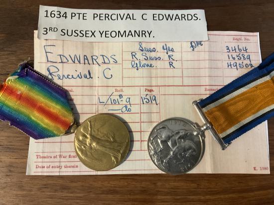 WW1 Pair; 1634 Pte P.C EDWARDS 3rd Sussex Yeomanry