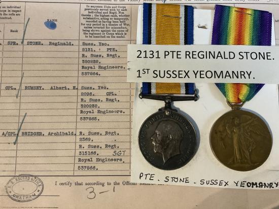 WW1 Pair; 2131 Pte Reginald STONE, 1st Sussex Yeomanry