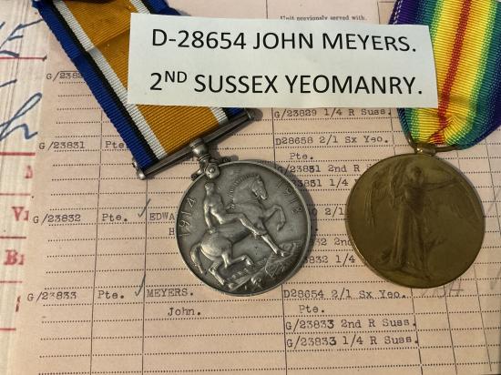 WW1 Pair; D-28654 John MEYERS, 2nd Sussex Yeomanry