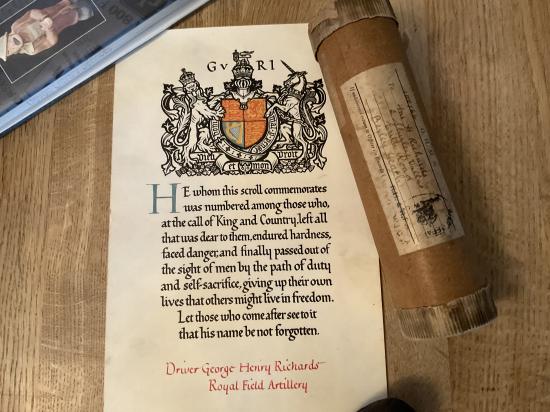 WW1 Memorial scroll & posting tube, G.H. RICHARDS R.F.A from Erith