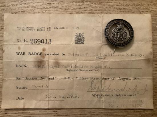WW1 S.W.B B269013 issued to F.W.KENNEDY Royal Warwickshire Regt