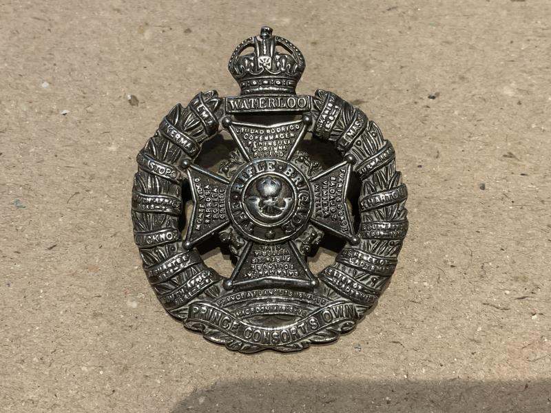 1944 Hallmarked silver The Rifle Brigade officers silver cap badge