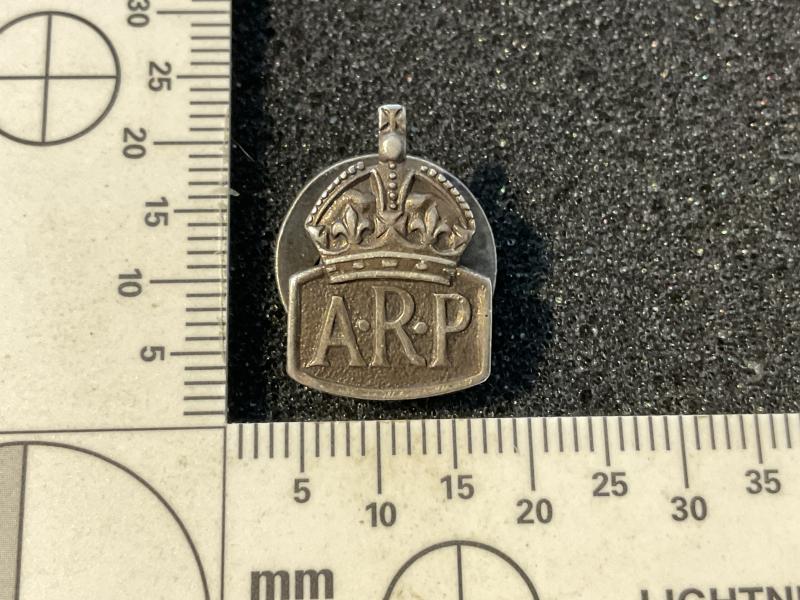 Miniature 1938 hallmarked silver A.R.P button hole badge