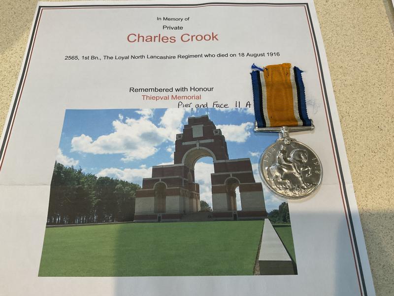18/8/16 K.I.A War medal to Pte CROOK 1st Bn L.N.LANS.R