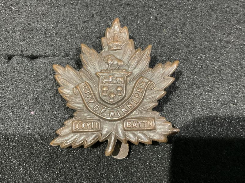 WW1 CEF 27th Infantry Battalion cap badge with slider