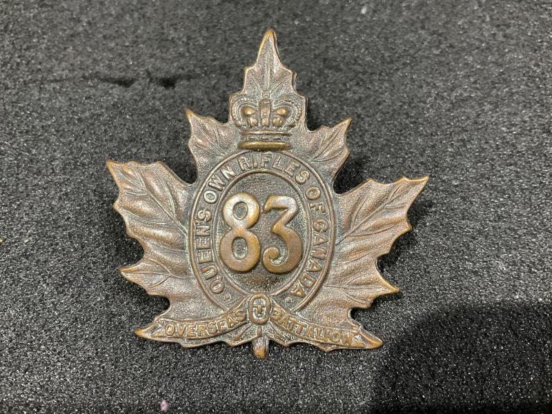 WW1 CEF 83rd ‘Queens Own Rifles’ 1916 dated cap badge