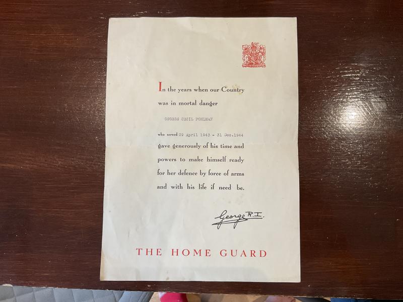 WW2 Home Guard certificate of service to George Cecil POHLMAN