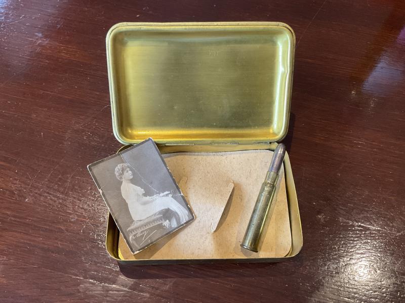 WW1 Queen Mary tin with bullet pencil , card & photo